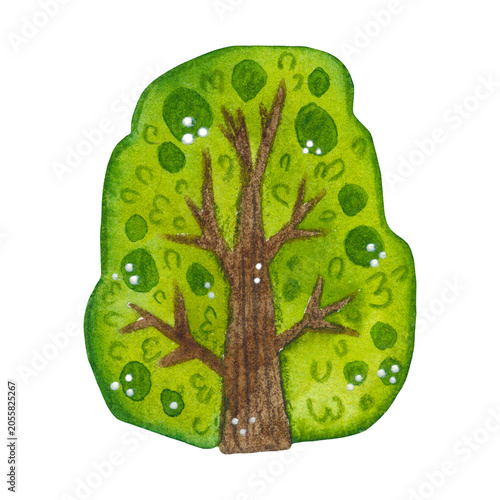 Tall green bush, watercolor cartoon illustration. Hand-drawn illustration. Design for stickers, cards, and scrapbooking. Forest, nature, tree, foliage