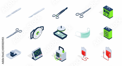 Schilderij op canvas Collection of isometric medical equipment and supplies on a white background, representing healthcare and surgery