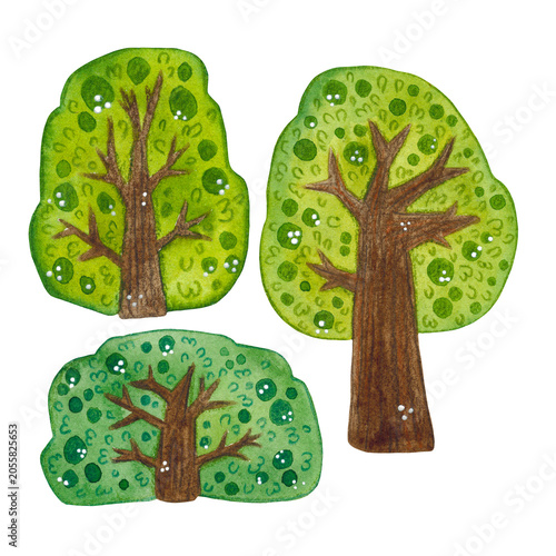 A set of various trees and bushes, watercolor illustration, cartoon. Hand-drawn illustration. Design for stickers, cards, scrapbooking. Forest, nature, tree, foliage, bush