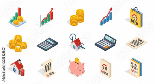 Foto Isometric icons representing financial concepts like savings, debt, and investment growth