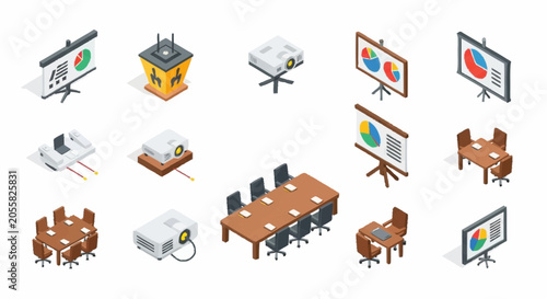 Isometric icons set of business meeting room elements including projectors, presentation screens, and conference tables.