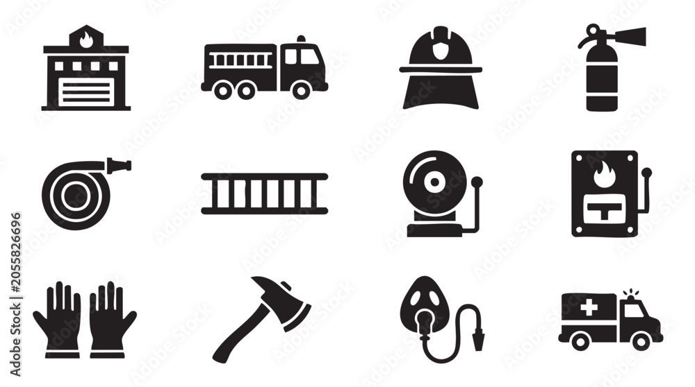 Fototapeta premium Emergency Response Icons, Firefighting Symbols, Rescue Signs, Emergency Services Logos, Black Vector Icons