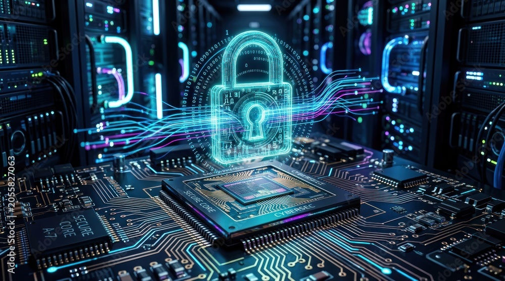 Fototapeta premium Digital Security Concept - Glowing Padlock Over Futuristic Circuit Board.