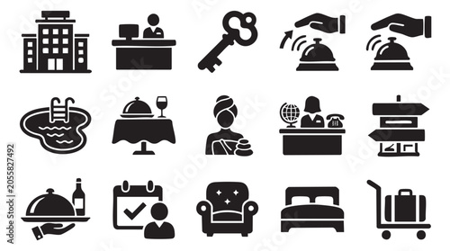 Hotel, hospitality, icon set, 20 black vector symbols, hotel industry, travel, tourism