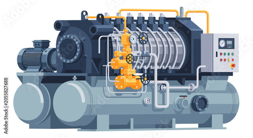Bild auf Leinwand Industrial chiller system with multiple components, pipes, valves, and control panel, designed for large-scale cooling operations