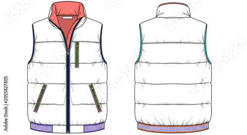 Photos Detailed CAD flat sketch of a modern unisex padded vest, front and back views, i