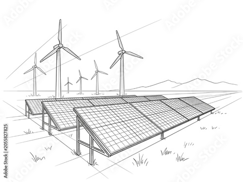 Conceptual CAD sketch illustrating sustainable power generation with wind turbines and solar array technology