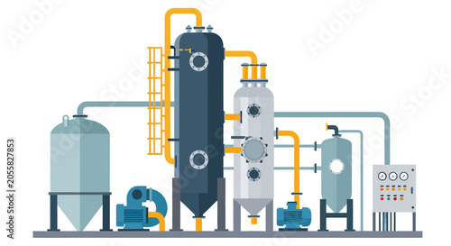 Industrial processing plant illustration featuring vertical tanks pipes motors and a control panel