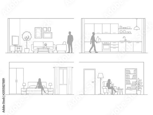 Bild auf Leinwand Architectural CAD drawings of house interior room elevation designs