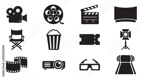 Film, cinema, movie icons, 12 black vector graphics, filmmaking symbols, movie industry illustrations