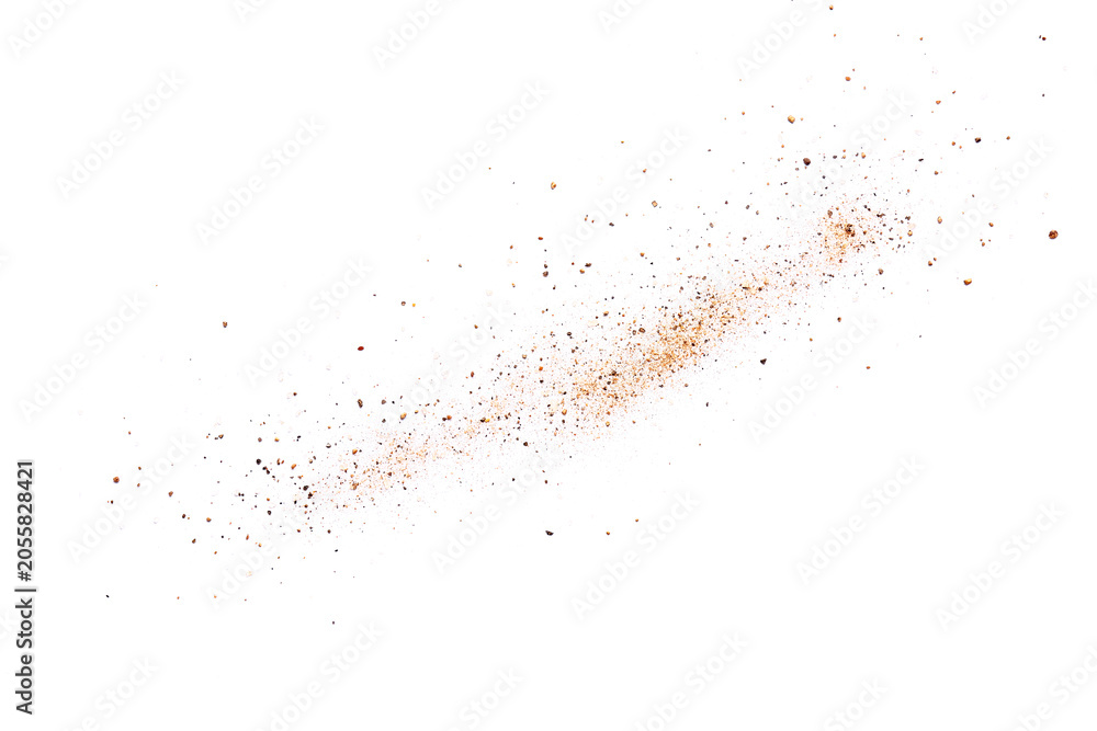 Fototapeta premium Scattered brown and black spice grains on white background, food seasoning texture, culinary ingredient detail