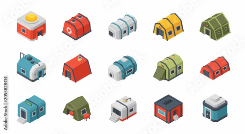 Tableau sur toile Collection of isometric modular buildings and temporary shelters for various purposes