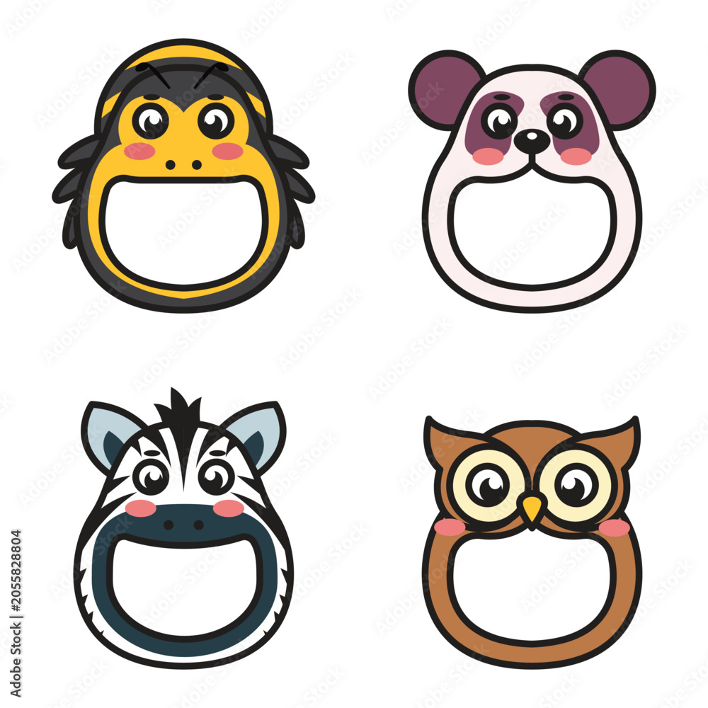 Fototapeta premium Cute Animal Bee, Panda, Zebra, and Owl Photo Frame Collection Cartoon Illustration
