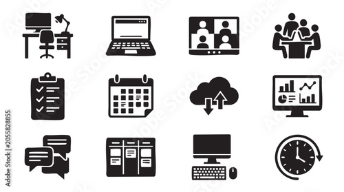 Business icons, office symbols, workflow graphics, productivity signs
