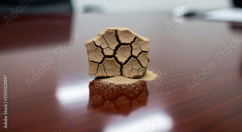 Dried cracked soil piece on wooden surface reflects environmental concerns and policy debates about land degradation and climate impact