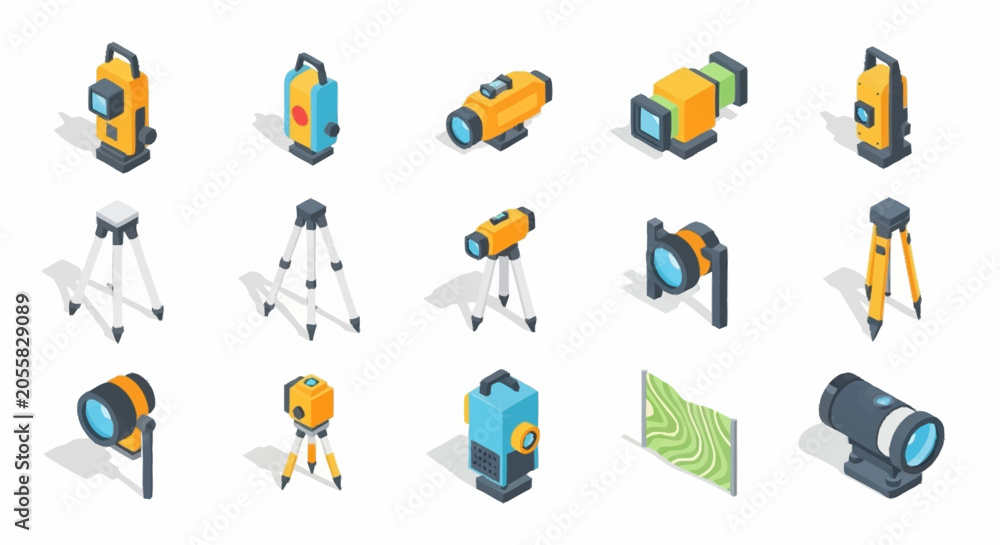 Fototapeta premium Collection of isometric surveying equipment and tools for land measurement and construction projects.