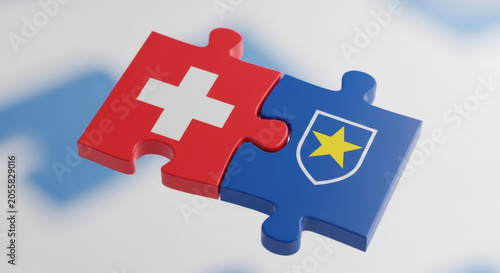 Healthcare policy reform puzzle pieces connecting red cross symbol and blue shield star symbol representing healthcare policy reform unity