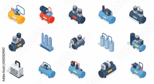 Bild auf Leinwand Collection of isometric air compressor icons in various colors and designs