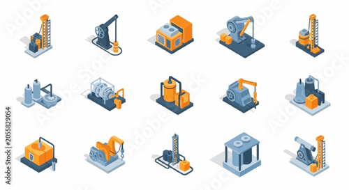 Set of isometric icons representing oil and gas industry equipment and machinery.