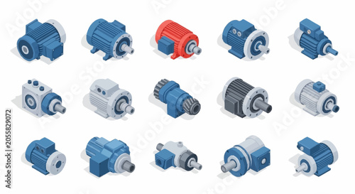 Tableau sur toile Collection of isometric electric motors and industrial machinery components isolated on white background