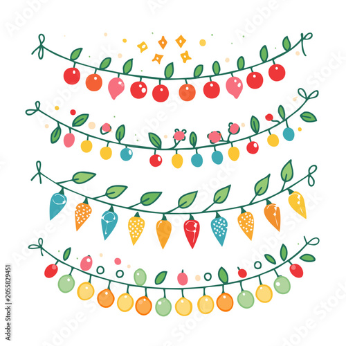 Colorful Christmas Garland with Ornaments and Leaves