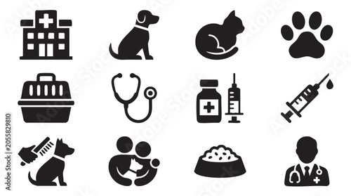 Veterinary icons, pet care symbols, animal hospital signs, veterinary clinic graphics