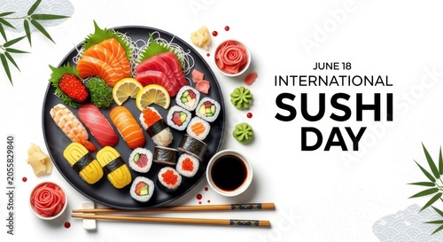 Assorted sushi platter on black plate for International Sushi Day