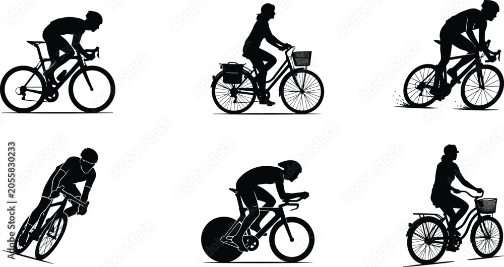 Obraz premium Set of professional cyclist and city commuter bicycle silhouettes isolated on white background for sports and active lifestyle graphic design