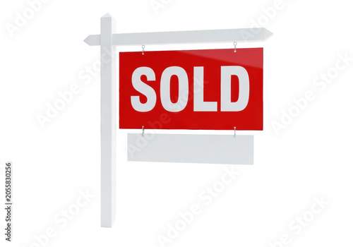 Vivid red glossy real estate 'sold' sign on a crisp white stake, razor-sharp focus against a transparent background, extreme bokeh suggesting a modern luxury house, concept of real estate success