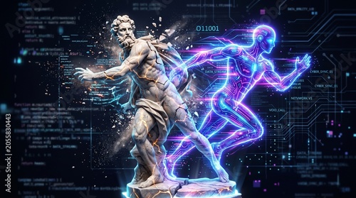 Abstract digital art concept: a classic marble sculpture transforming into a glowing neon cybernetic runner, data stream evolution, high-tech glitch aesthetic.