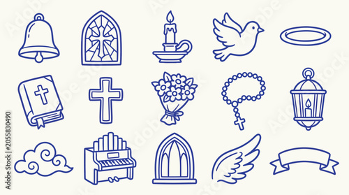 Foto Collection of religious and spiritual icons including a cross, bible, dove, candle, and halo