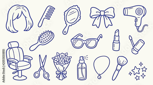 A collection of hand-drawn icons representing beauty salon and cosmetic items, including a hairdryer, scissors, and makeup.