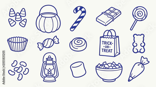 Collection of Halloween candy and treats icons in a simple line art style.
