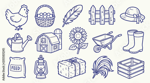 Collection of hand-drawn farm icons including a chicken, barn, fence, and gardening tools.