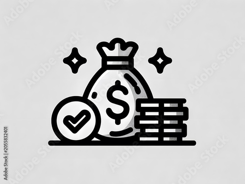Simple line art illustration of a money bag with dollar sign and stacked coins representing wealth savings or financial growth