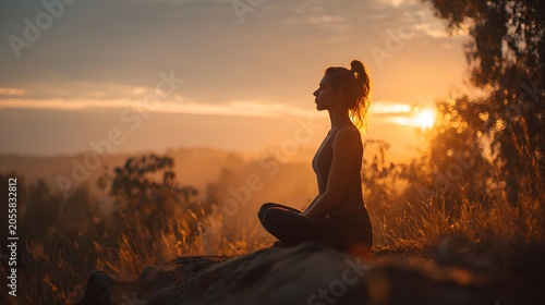 Serene woman practicing yoga outdoors du sunset in a natural landscape with warm glow and peaceful atmosphere