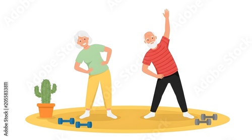 Senior Couple Doing Morning Workout and Stretching Exercises at Home Flat Illustration