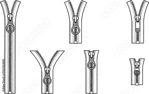 Set of hand drawn vector zipper icons open and closed metal zip fasteners for clothing tailors and fashion design