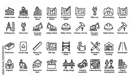 Building Construction and Architectural Planning Simple Vector Icon Set for Web and Apps