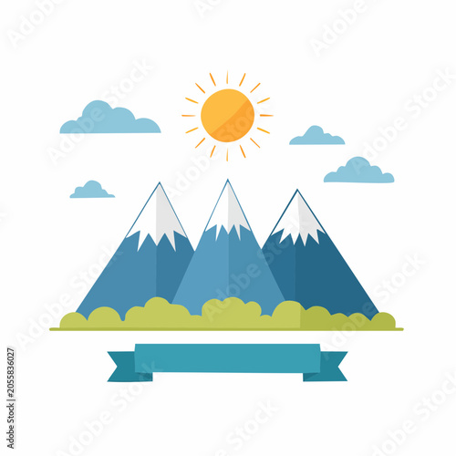 Flat Design Mountain Landscape with Sun and Clouds