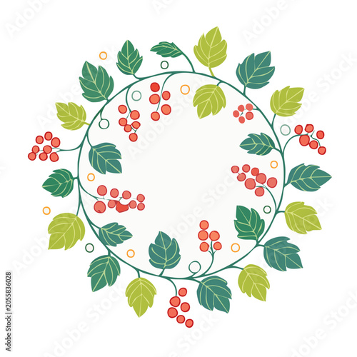 Flat Design Wreath with Green Leaves and Red Berries