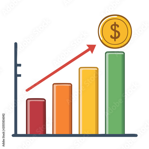 Flat design bar chart with dollar sign and upward arrow