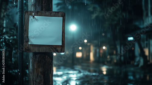 Blank white paper note pinned on wooden pole in rainy dark city street mockup