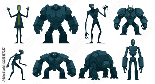 Cuadro en lienzo Futuristic robot character set, dark teal mechanical droid collection, 8 sci-fi