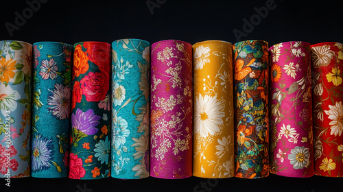 Colorful fabric rolls with floral patterns in a row on black background