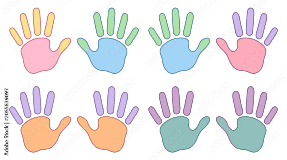 Fototapeta premium Eight colorful handprints illustrated in pastel colors