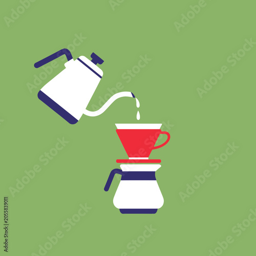 Slika na platnu Minimalist flat vector illustration of the pour-over coffee brewing process featuring a gooseneck kettle, red dripper, and carafe on a green background