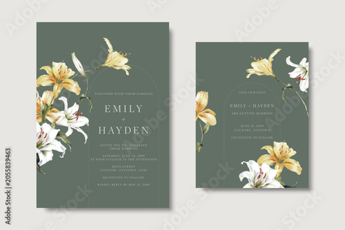 Elegant wedding invitation and save the date template card set with watercolo...