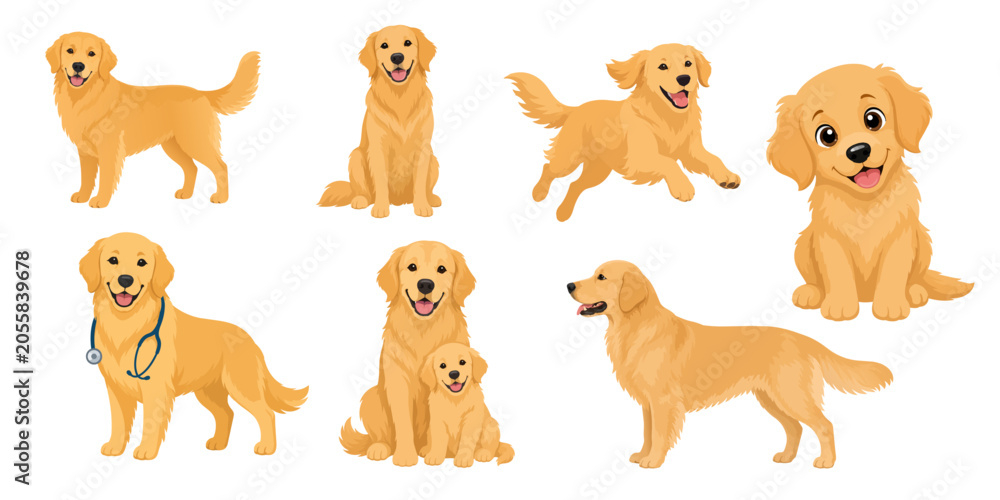 Obraz premium A collection of golden retriever dogs in various poses and activities, including standing, sitting, playing, and wearing a stethoscope. AI generative