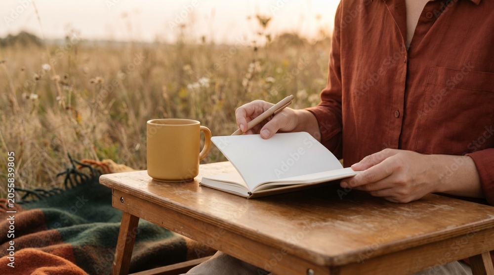 Obraz premium Young woman writing in a notebook on a wooden table in a meadow at sunset, cozy outdoor journaling concept, mindfulness and creative writing lifestyle photography